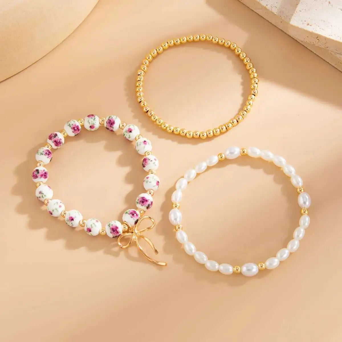 Ingemark 3Pcs/Set Boho Imitation Pearl Starfish Beads Bracelets Women Romantic Elegant Charm Bangle Daily Party Banquet Jewelry