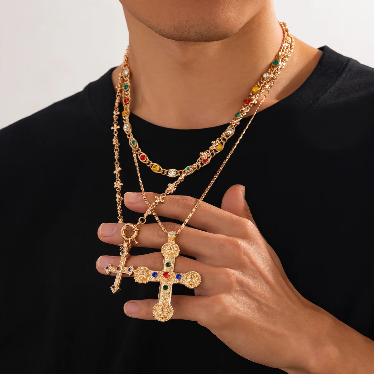 Ingemark 3Pcs Luxury Inlaid Rhinestone Imitating Pearl Chain Necklace Vintage Jesus Cross Pendant Choker Christian Jewelry Men
