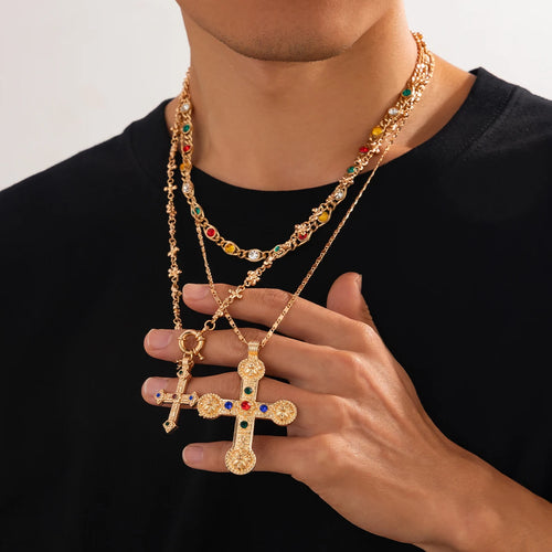 Ingemark 3Pcs Luxury Inlaid Rhinestone Imitating Pearl Chain Necklace Vintage Jesus Cross Pendant Choker Christian Jewelry Men