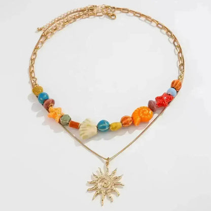 Ingemark 2 Pcs/Set Hip Hop Colorful Ceramic Sea Star Conch Bead Choker Necklace for Men Punk Retro Spiral Sun Pendant Necklaces