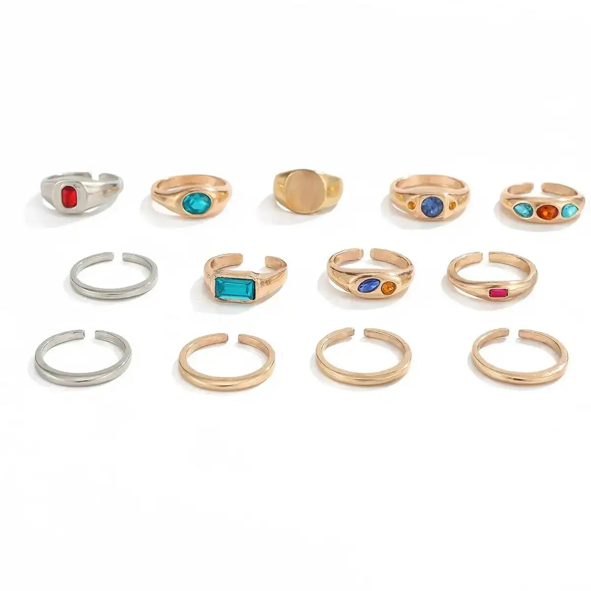 Ingemark 13 Pcs/Set Punk Inlay Colorful Rhinestones Ring for Men Trendy Metal Open Adjustable Rings Stacktable Finger Jewelry