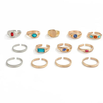 Ingemark 13 Pcs/Set Punk Inlay Colorful Rhinestones Ring for Men Trendy Metal Open Adjustable Rings Stacktable Finger Jewelry