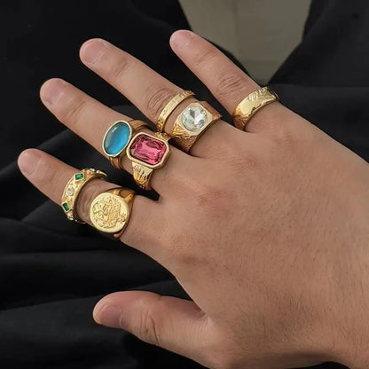 Ingemark 7Pcs/Set Luxury Inlay Acrylic Rhinestone Open Rings for Men Punk Gold Color Metal Adjustable Ring Jewelry Accessories