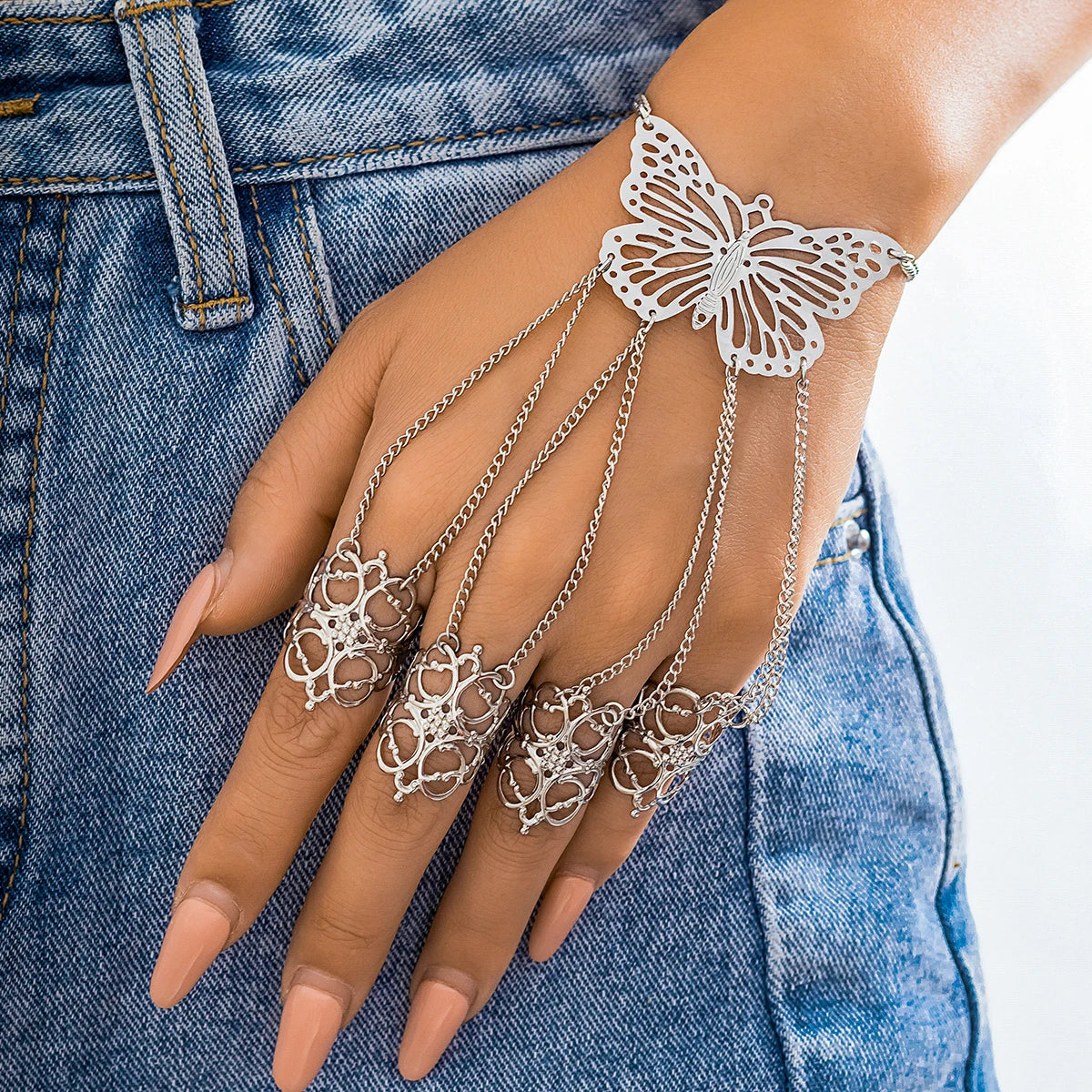 Goth Gypsy Ethnic Big Hollow Butterfly Wrist Chain Finger Rings Harness Bracelets for Women Belly Dancer Dubai Halloween Jewelry