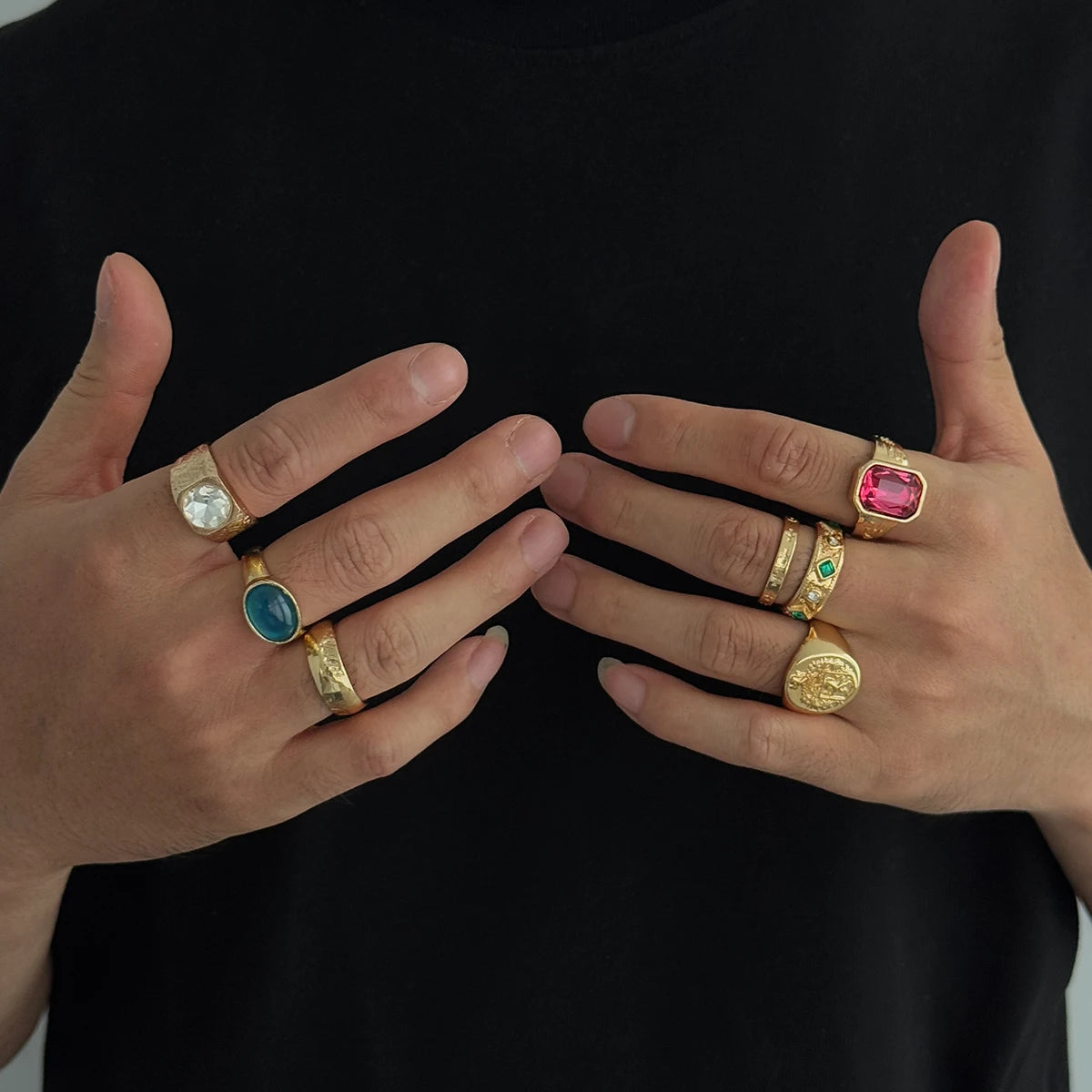 Ingemark 7Pcs/Set Luxury Inlay Acrylic Rhinestone Open Rings for Men Punk Gold Color Metal Adjustable Ring Jewelry Accessories