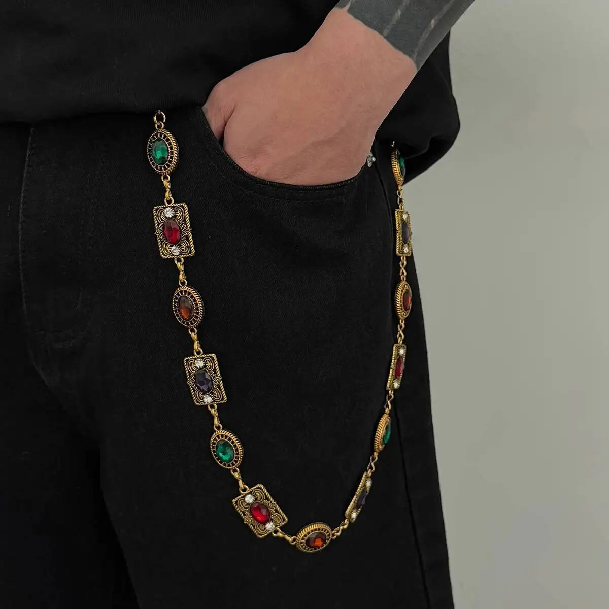Ingemark Hip-Hop Red Green Acrylic Rhinestone Keychain Wallet Belt Chain for Men Trendy Hipster Pant Jeans Chain Street Jewelry