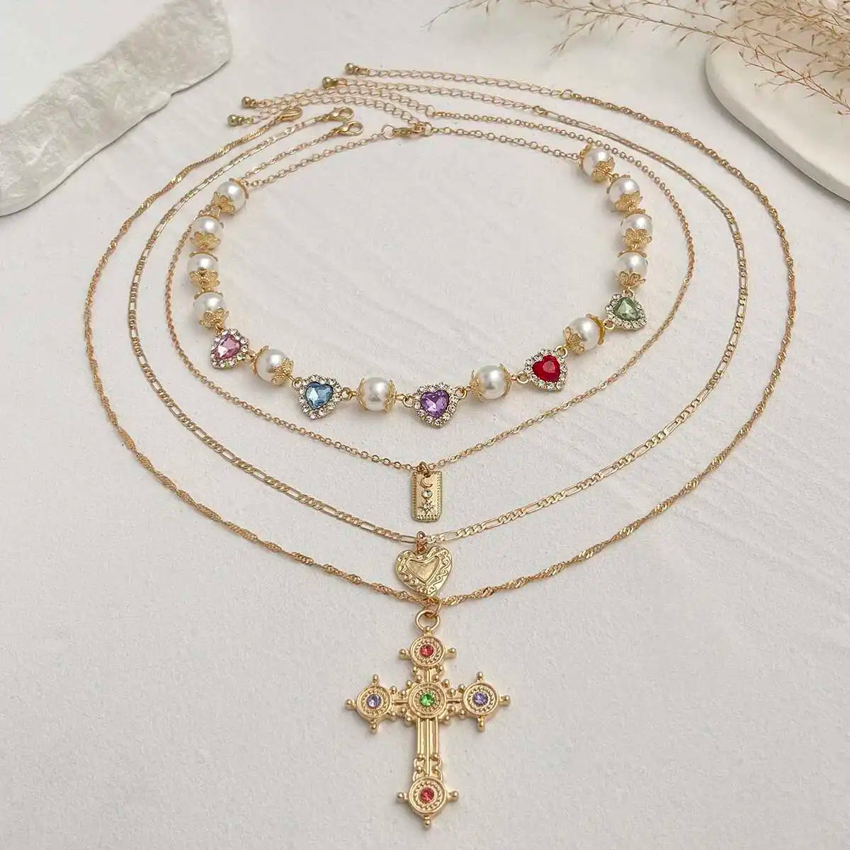 Ingemark Multilayer Rhinestone Love Heart Imitation Pearl Chain Necklace Women Creative Jesus Cross Pendant Choker Y2K Jewelry