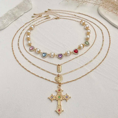 Ingemark Multilayer Rhinestone Love Heart Imitation Pearl Chain Necklace Women Creative Jesus Cross Pendant Choker Y2K Jewelry