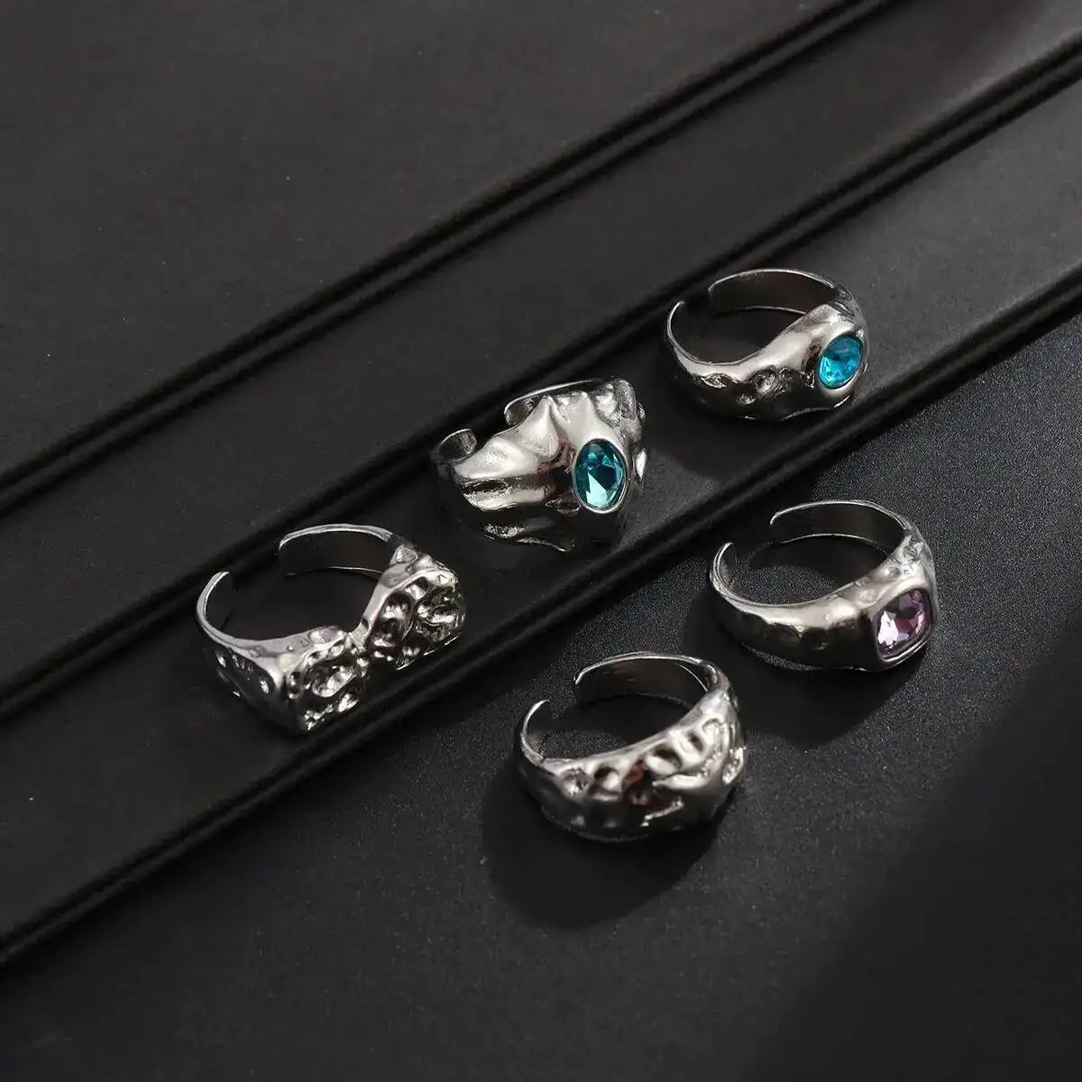 Ingemark 5 Pcs/Set Punk Colorful Acrylic Rhinestone Adjustable Open Ring for Men Hip Hop Retro Geometry Chunky Ring Male Jewelry