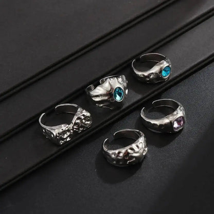 Ingemark 5 Pcs/Set Punk Colorful Acrylic Rhinestone Adjustable Open Ring for Men Hip Hop Retro Geometry Chunky Ring Male Jewelry