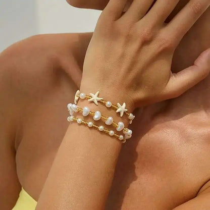 Ingemark 3Pcs/Set Boho Imitation Pearl Starfish Beads Bracelets Women Romantic Elegant Charm Bangle Daily Party Banquet Jewelry