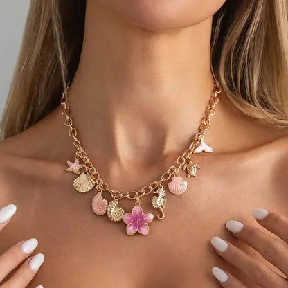 Ingemark Exquisite Pink Starfish Conch Flower Pendant Necklaces Women Summer Beach Adjustable Chain Choker Holiday Jewelry Gifts