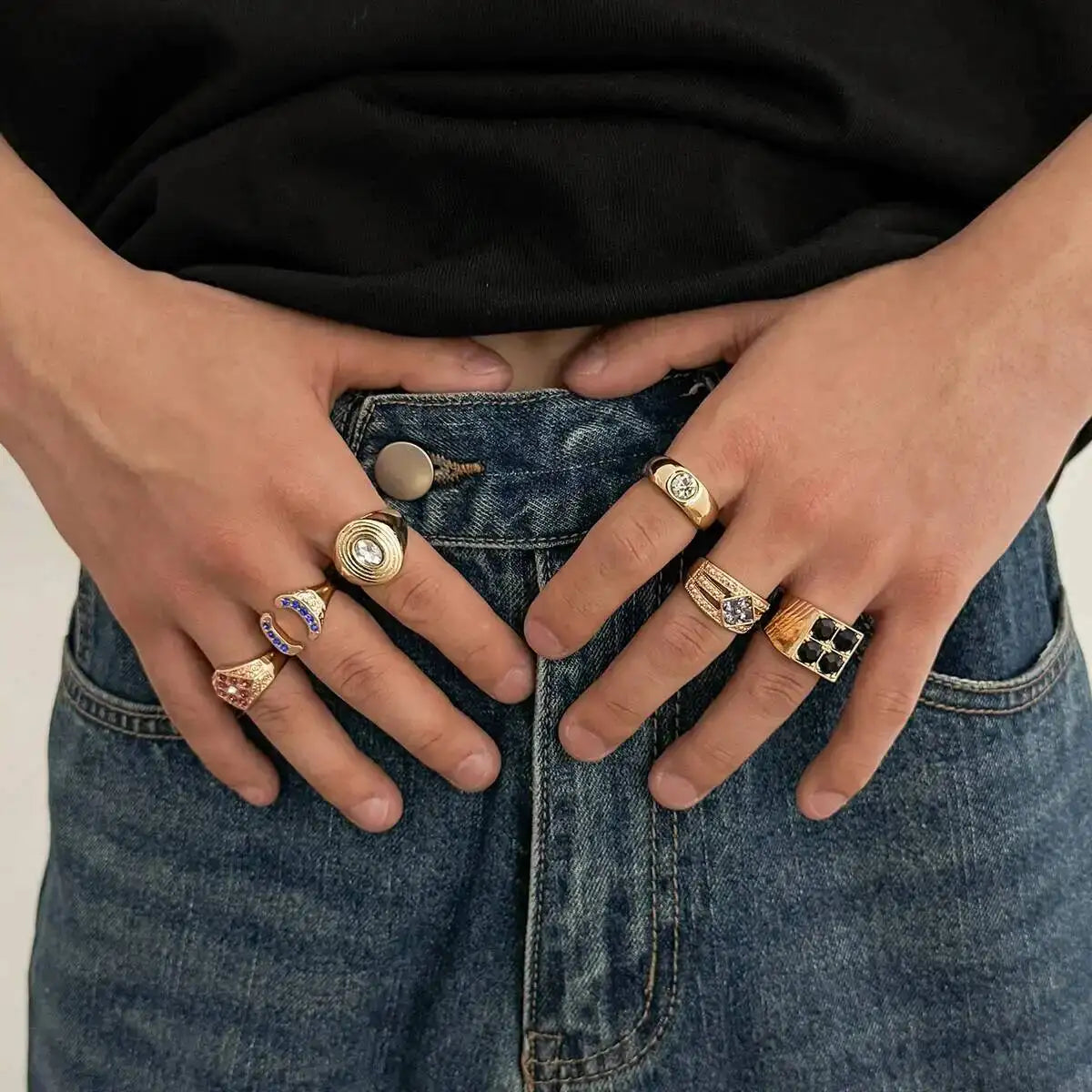 Ingemark 6 Pcs Hip Hop Colorful Rhinestones Adjustable Open Rings Set for Men Punk Retro Irregular Stackable Chunky Finger Ring