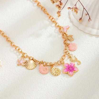 Ingemark Exquisite Pink Starfish Conch Flower Pendant Necklaces Women Summer Beach Adjustable Chain Choker Holiday Jewelry Gifts