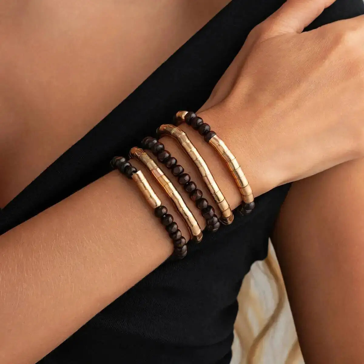 Ingemark 5 Pcs/Set Vintage Wood Beaded Elastic Bracelet for Women Classic Layering Bracelets Charm Bangles Hand Jewelry Gifts
