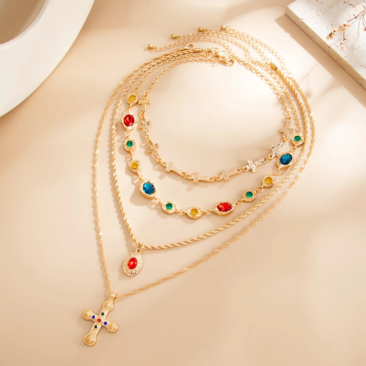 Ingemark 4Pcs/Set Luxury Inlay Colorful Rhinestone Cross Pendant Necklace Women Exquisite Multiple Layers Stackable Y2K Jewelry