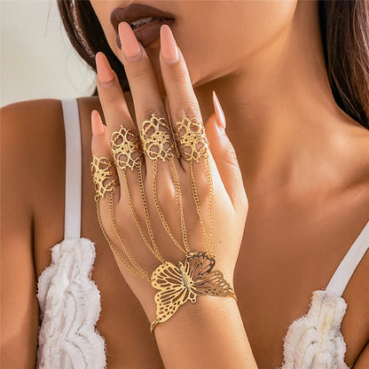 Goth Gypsy Ethnic Big Hollow Butterfly Wrist Chain Finger Rings Harness Bracelets for Women Belly Dancer Dubai Halloween Jewelry