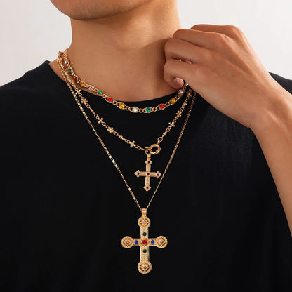Ingemark 3Pcs Luxury Inlaid Rhinestone Imitating Pearl Chain Necklace Vintage Jesus Cross Pendant Choker Christian Jewelry Men