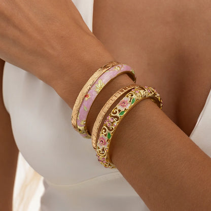 Ingemark 4Pcs/Set Elegant Enamel Dropped Glaze Flower Cuff Bracelet Women Exquisite Glass Rhinestone Gold Color Open Bangle