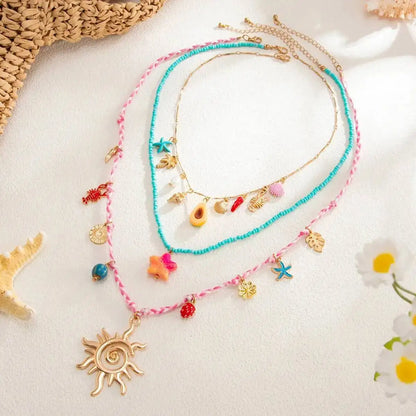 Ingemark 3 Pcs/Set Cute Starfish Conch Crayfish Sun Pendant Necklace for Women Summer Beach Beads Chain Choker Y2K Jewelry Gifts
