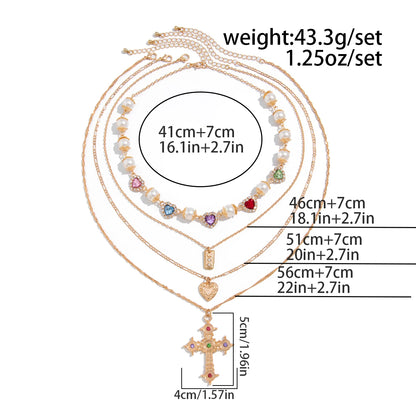 Ingemark Multilayer Rhinestone Love Heart Imitation Pearl Chain Necklace Women Creative Jesus Cross Pendant Choker Y2K Jewelry