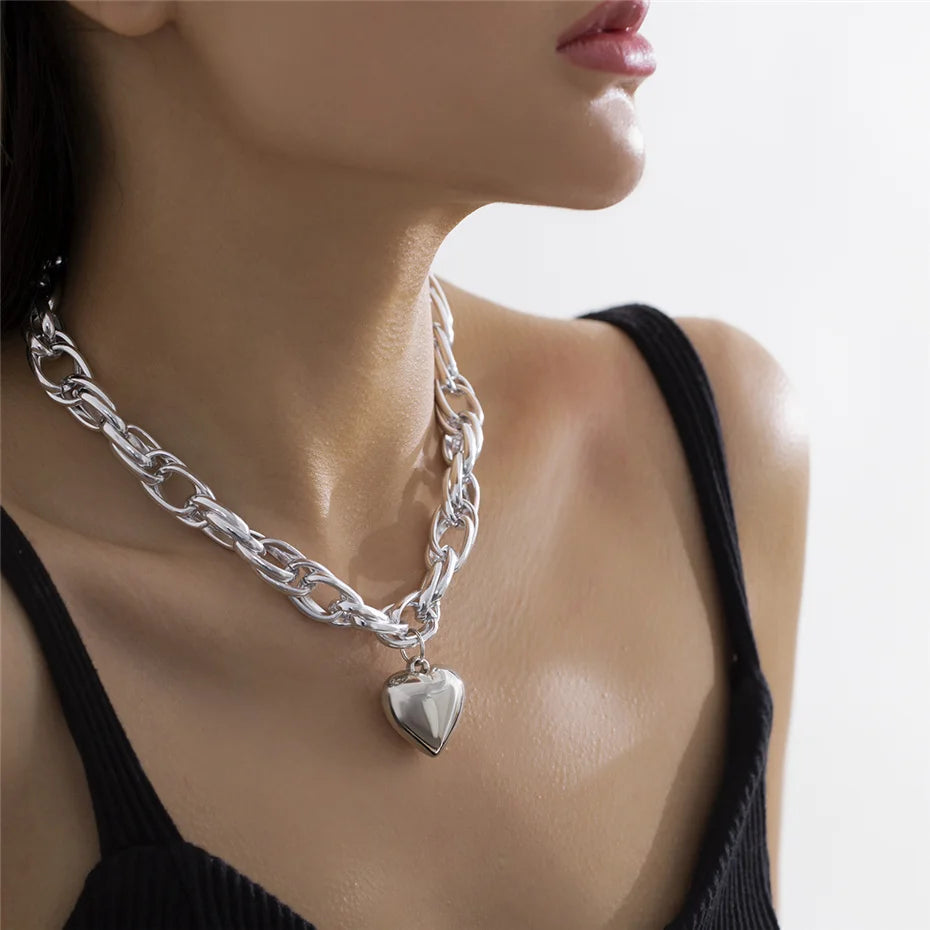 Ingemark High Quality Punk Big Heart Pendant Necklace Women Fashion Statement Chunky Heavy Chain Grunge Jewelry Steampunk Men
