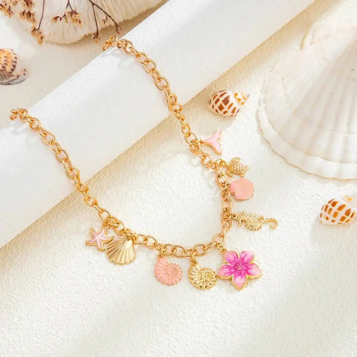 Ingemark Exquisite Pink Starfish Conch Flower Pendant Necklaces Women Summer Beach Adjustable Chain Choker Holiday Jewelry Gifts