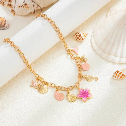 Ingemark Exquisite Pink Starfish Conch Flower Pendant Necklaces Women Summer Beach Adjustable Chain Choker Holiday Jewelry Gifts