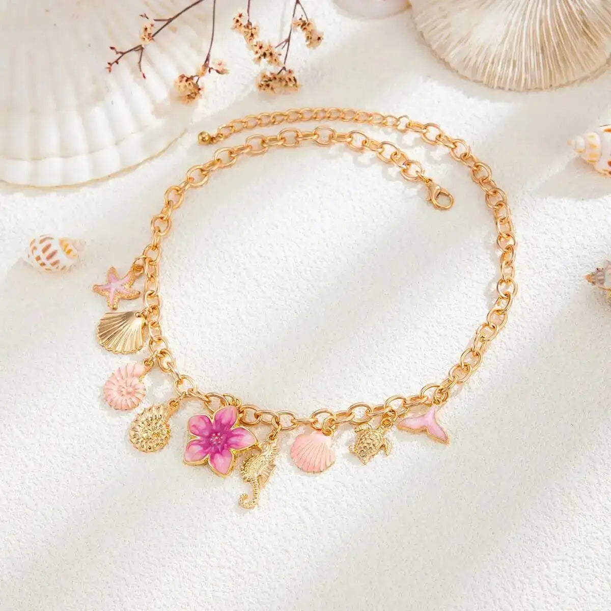 Ingemark Exquisite Pink Starfish Conch Flower Pendant Necklaces Women Summer Beach Adjustable Chain Choker Holiday Jewelry Gifts