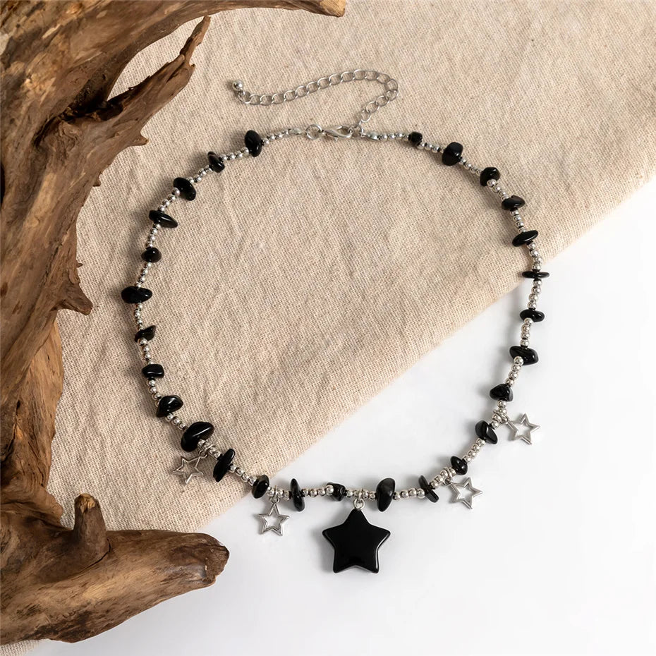 Boho Colorful Irregular Stone Hollow Star Pendant Choker Necklace Women Summer Goth Beads Chain Y2K Jewelry Accessories