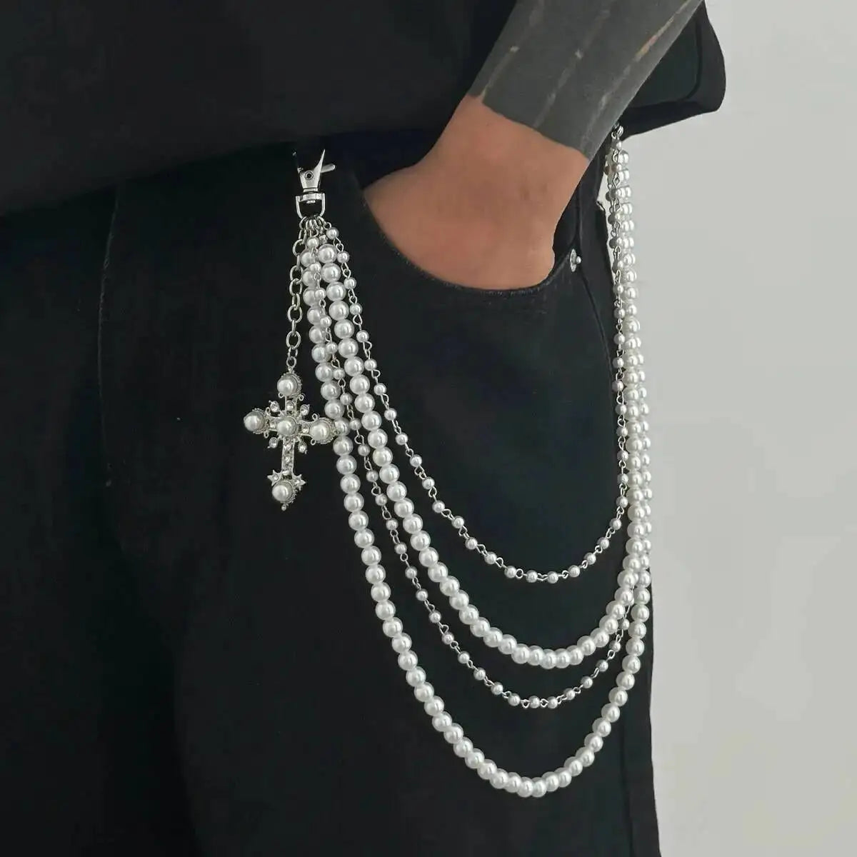 Men's Hip Hop Trend Exquisite Multilayer Imitation Pearl Keychain Cross Pendant Wallet Belt Chain Jewelry Accessory