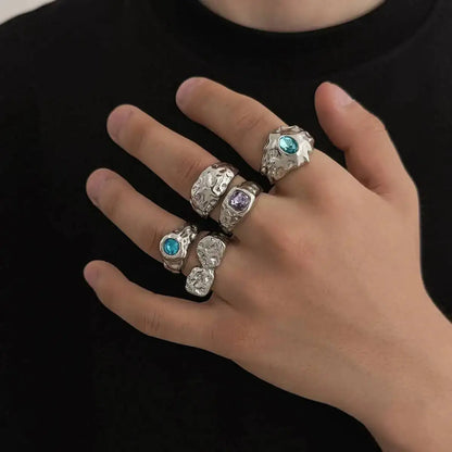 Ingemark 5 Pcs/Set Punk Colorful Acrylic Rhinestone Adjustable Open Ring for Men Hip Hop Retro Geometry Chunky Ring Male Jewelry