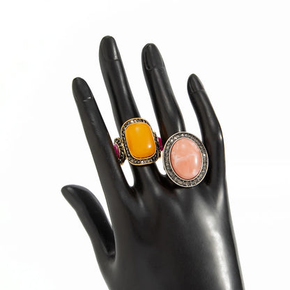 Ingemark 2 Pcs/Set Vintage Inlay Geometric Resin Oval Stone Rings Women Trend Elegant Rhinestone Adjustable Finger Ring Jewelry