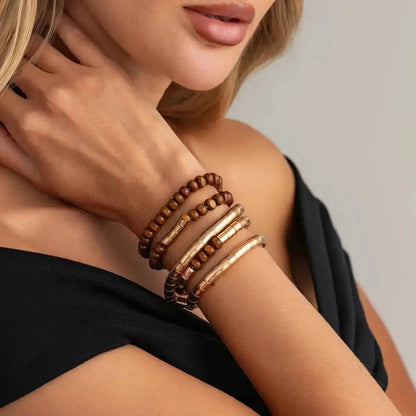 Ingemark 5 Pcs/Set Vintage Wood Beaded Elastic Bracelet for Women Classic Layering Bracelets Charm Bangles Hand Jewelry Gifts
