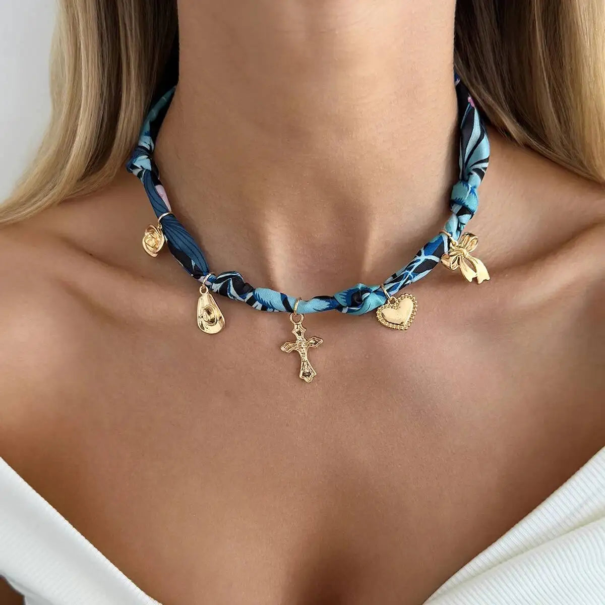 Ingemark New Elegant Blue/Green Scarf Ribbon Chokers Necklace Women Vintage Sun Moon Heart Cross Pendant Necklace Boho Jewelry