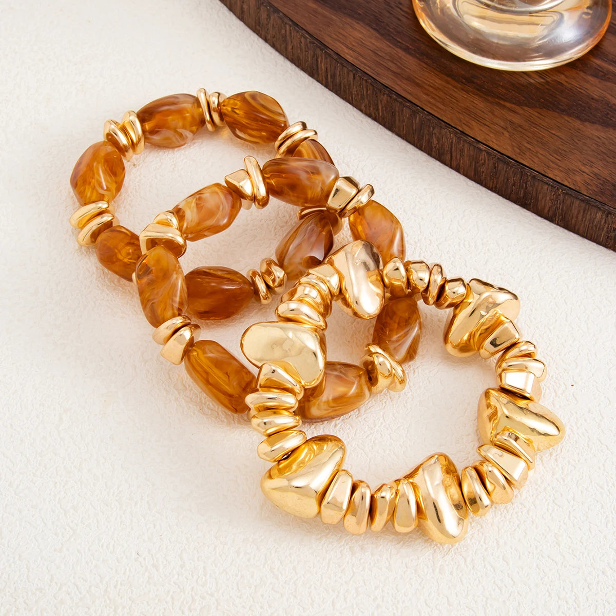 Ingemark 3Pcs/Set Baroque Acrylic Resin Beaded Bracelet for Women Vintage Boho Stacked Elastic Bangles Charm Jewelry Accessories