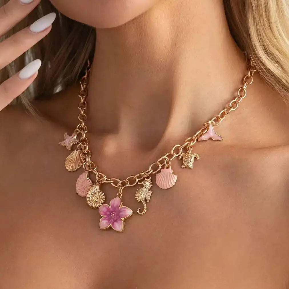 Ingemark Exquisite Pink Starfish Conch Flower Pendant Necklaces Women Summer Beach Adjustable Chain Choker Holiday Jewelry Gifts