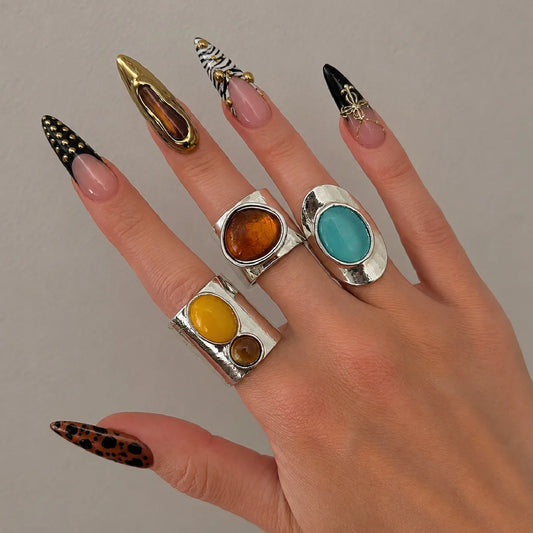 Ingemark 3 Pcs Vintage Inlaid Colorful Resin Acrylic Open Ring Set for Women Punk Boho Geometric Chunky Rings Daily Jewelry Gift