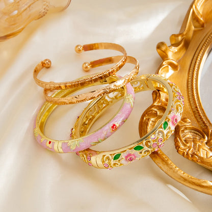 Ingemark 4Pcs/Set Elegant Enamel Dropped Glaze Flower Cuff Bracelet Women Exquisite Glass Rhinestone Gold Color Open Bangle
