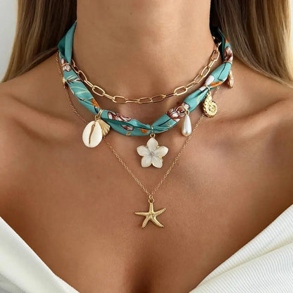 Ingemark 3Pcs/Set Boho Scarf Ribbon Choker Necklace Women Vintage Cross Sun Flower Starfish Conch Coconut Tree Pendant Necklace
