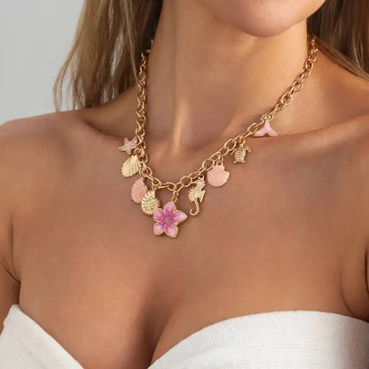 Ingemark Exquisite Pink Starfish Conch Flower Pendant Necklaces Women Summer Beach Adjustable Chain Choker Holiday Jewelry Gifts