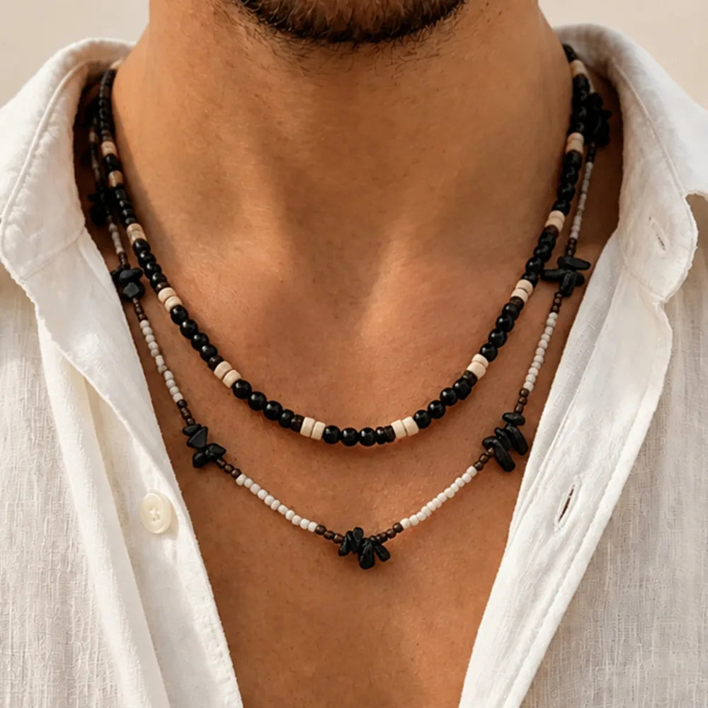 Ingemark 2Pcs/Set Trendy Black White Acrylic Seed Beads Choker Necklace for Men Punk Vintage Stackable Collar Chain Neck Jewelry