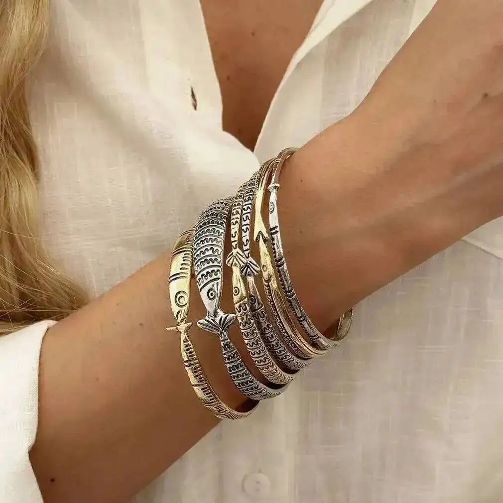 6 Pcs/Set Vintage Fish Pattern Metal Bangle Stack Women's Ethnic Style Bracelet Party Accessory Couple Matching Jewelry