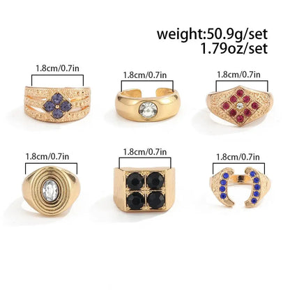 Ingemark 6 Pcs Hip Hop Colorful Rhinestones Adjustable Open Rings Set for Men Punk Retro Irregular Stackable Chunky Finger Ring