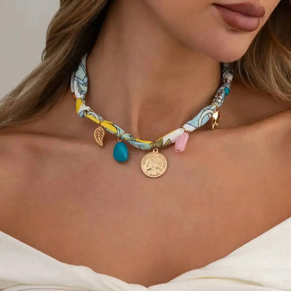 Ingemark Elegant Adjustable Silk Scarf Choker Necklace for Women Vintage Boho Leaf Coin Pendant Necklace Daily Jewelry Gift