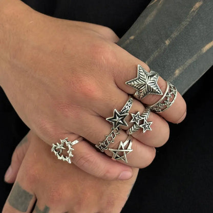 7Pcs/Set Gothic Five-Pointed Star Adjustable Open Rings For Men Trendy Punk Love Heart Finger Ring Daily Party Jewelry New