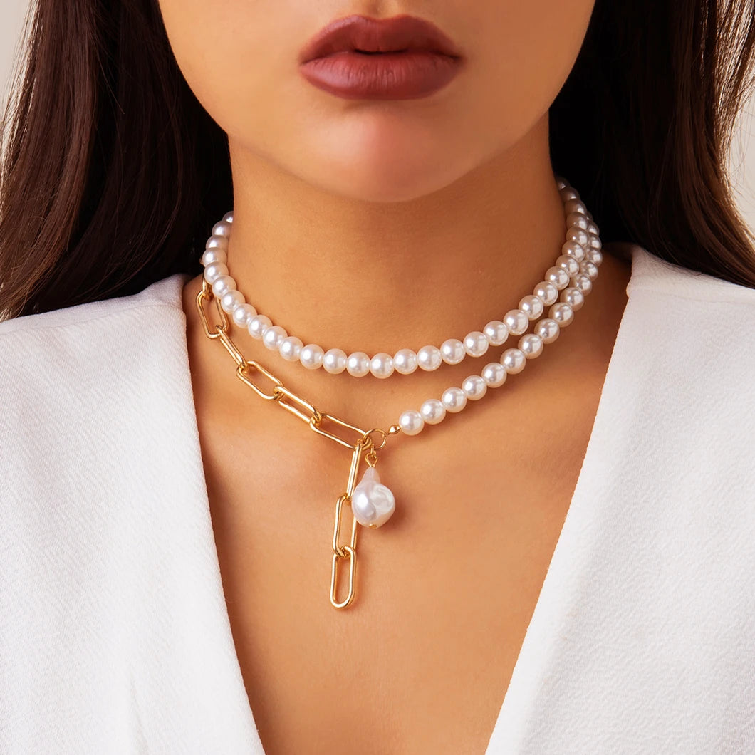Ingemark Vintage Imitation-Pearl Heart OT Buckle Pendant Necklace Women Wedding Bridal Bead Chain Neck Accessories Jewelry New
