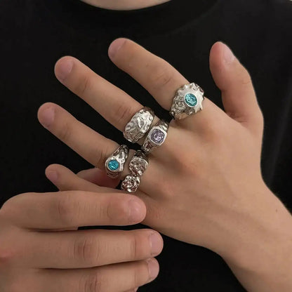 Ingemark 5 Pcs/Set Punk Colorful Acrylic Rhinestone Adjustable Open Ring for Men Hip Hop Retro Geometry Chunky Ring Male Jewelry
