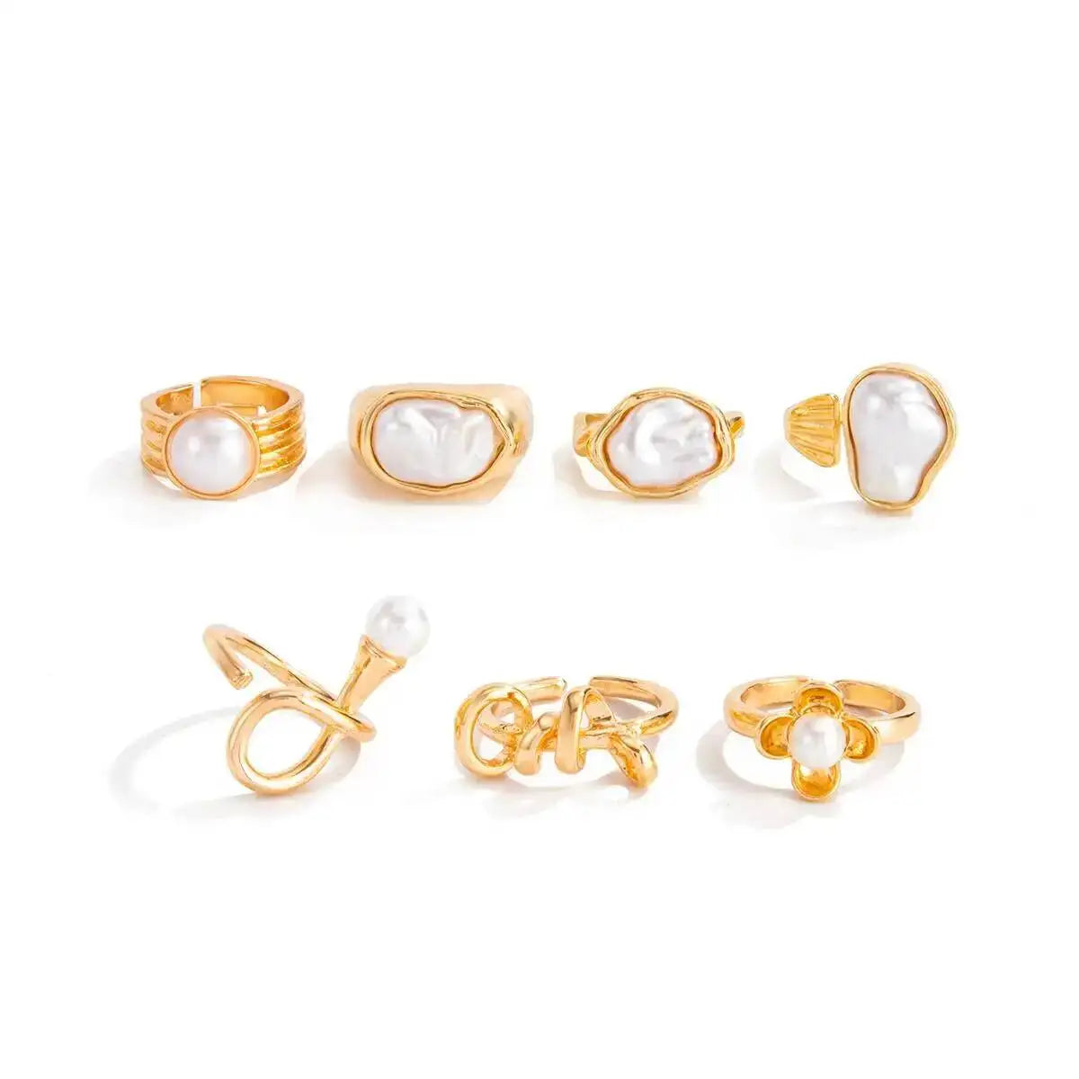 Ingemark 7 Pcs Baroque Imitation Pearl Open Rings Set for Women Elegant Irregular Stackable Adjustable Finger Ring Jewelry Gift