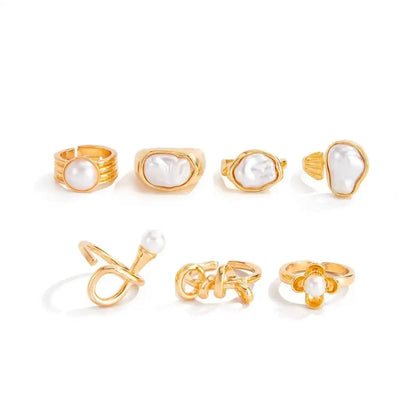 Ingemark 7 Pcs Baroque Imitation Pearl Open Rings Set for Women Elegant Irregular Stackable Adjustable Finger Ring Jewelry Gift